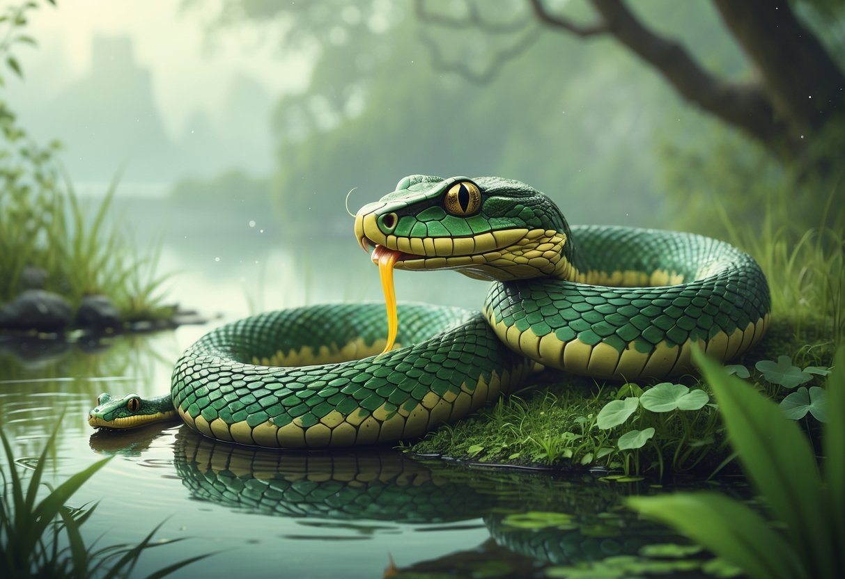 Uma cobra grande está comendo um sapo em um ambiente natural com vegetação e um lago ao fundo.