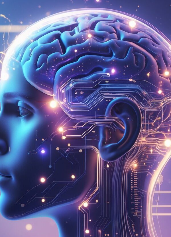 Cabeça humana em perfil com circuitos elétricos brilhantes e faíscas dentro do cérebro, representando um curto circuito em um ambiente abstrato e sonhador.