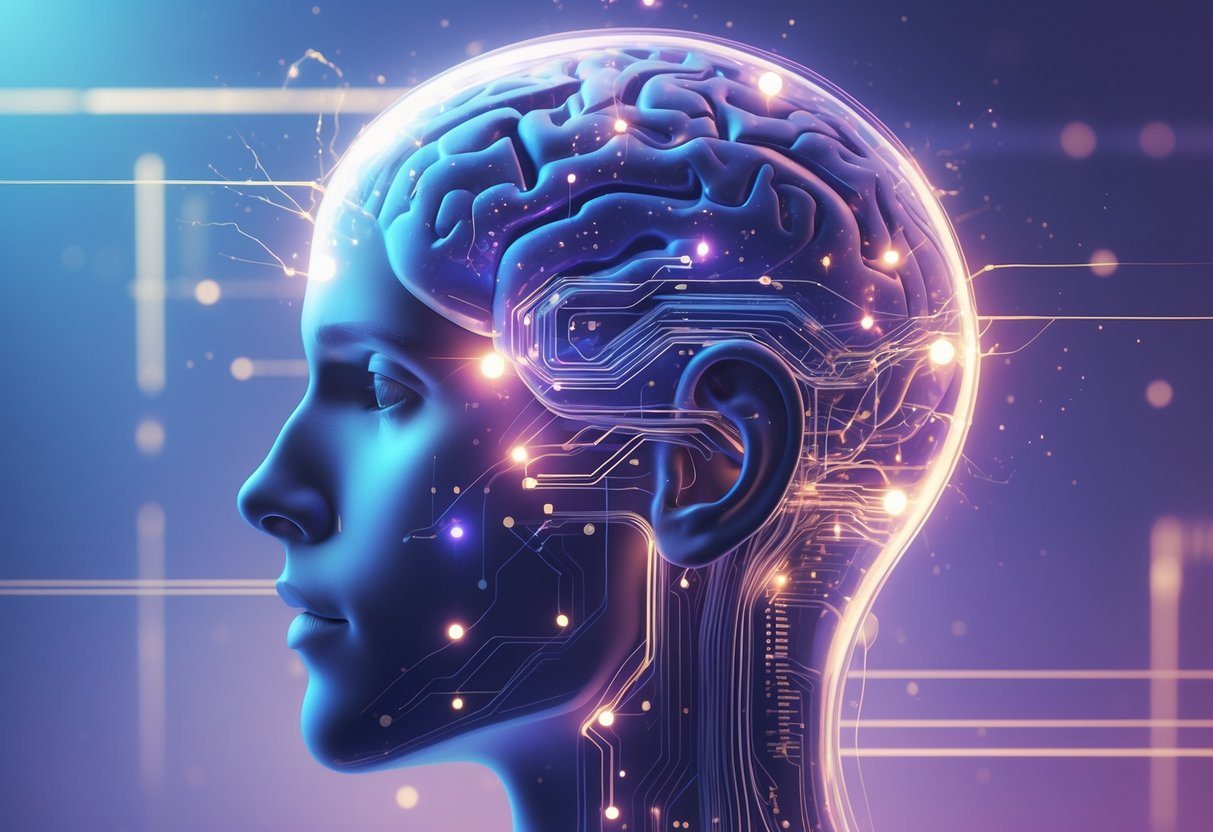Cabeça humana em perfil com circuitos elétricos brilhantes e faíscas dentro do cérebro, representando um curto circuito em um ambiente abstrato e sonhador.