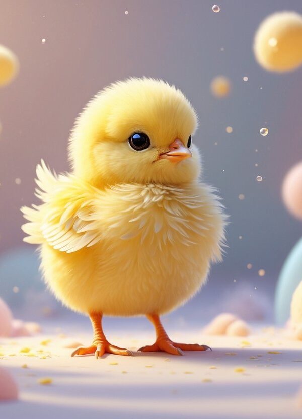 Um pintinho amarelo pequeno e fofo em um ambiente suave e sonhador, cercado por nuvens ou bolhas translúcidas.