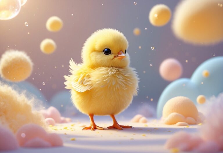 Um pintinho amarelo pequeno e fofo em um ambiente suave e sonhador, cercado por nuvens ou bolhas translúcidas.