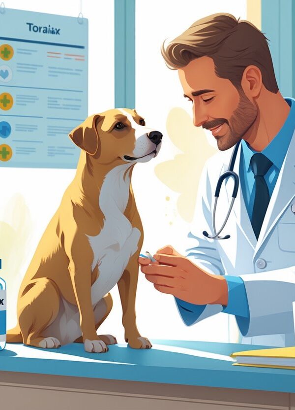 Veterinário examinando um cachorro em uma clínica veterinária, com uma garrafa de remédio ao lado.