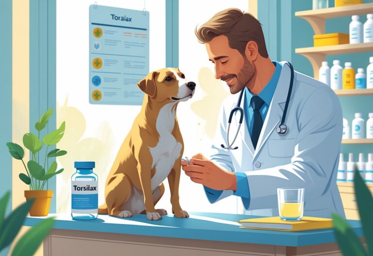 Veterinário examinando um cachorro em uma clínica veterinária, com uma garrafa de remédio ao lado.