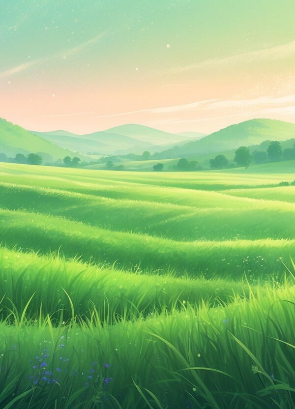 Campo verde extenso com grama vibrante sob um céu suave ao amanhecer.
