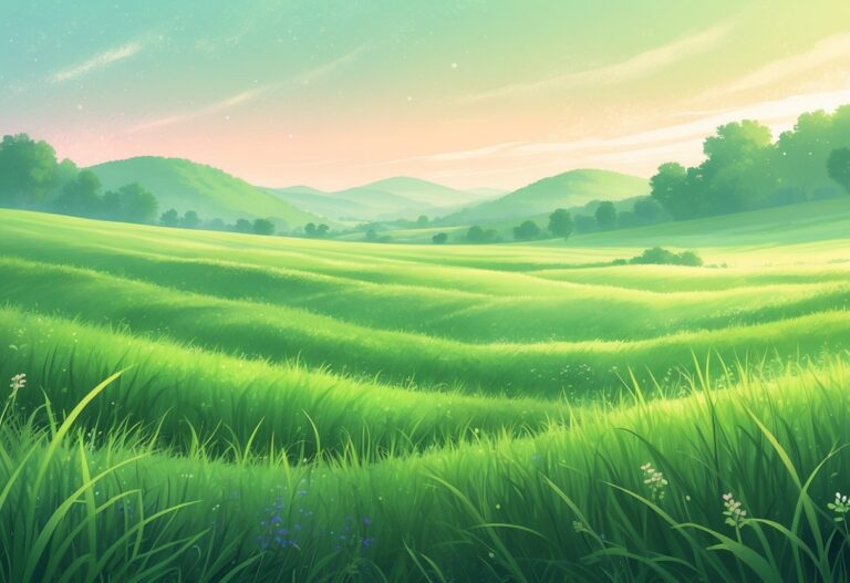 Campo verde extenso com grama vibrante sob um céu suave ao amanhecer.