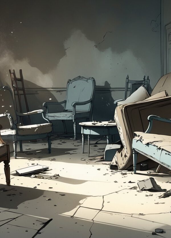 Cena com móveis velhos e quebrados em um ambiente abandonado e empoeirado.
