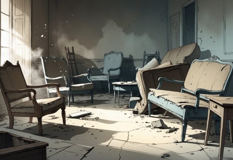 Cena com móveis velhos e quebrados em um ambiente abandonado e empoeirado.