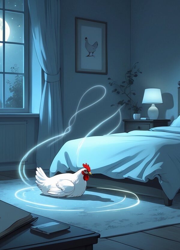 Quarto tranquilo à noite com uma janela mostrando luar, um caderno aberto na mesa de cabeceira e uma imagem fantasmagórica de uma galinha morta no centro do quarto.