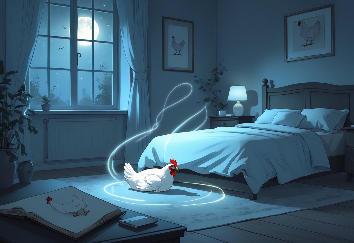 Quarto tranquilo à noite com uma janela mostrando luar, um caderno aberto na mesa de cabeceira e uma imagem fantasmagórica de uma galinha morta no centro do quarto.