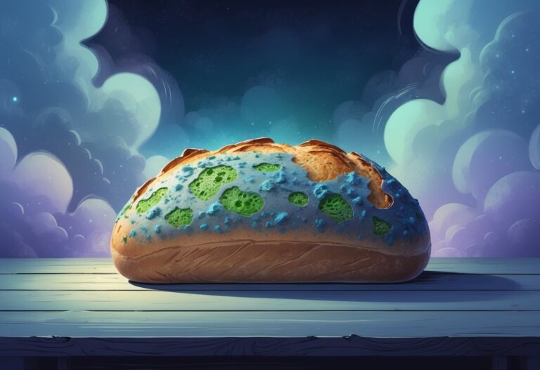 Um pão mofado sobre uma mesa de madeira, cercado por nuvens suaves em um fundo azul escuro que sugere um sonho.