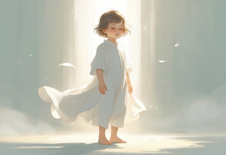 Criança vestida de branco em um ambiente calmo e iluminado, transmitindo paz e inocência.