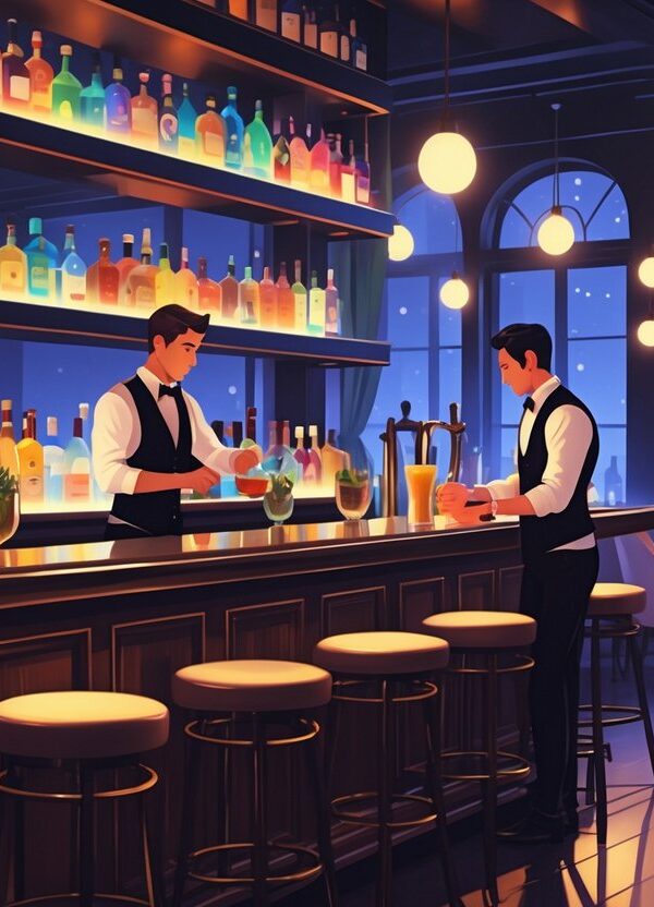 Interior de um bar aconchegante com balcão de madeira, garrafas iluminadas, um bartender preparando um coquetel e pessoas sentadas conversando.