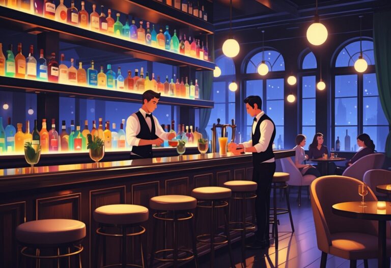 Interior de um bar aconchegante com balcão de madeira, garrafas iluminadas, um bartender preparando um coquetel e pessoas sentadas conversando.