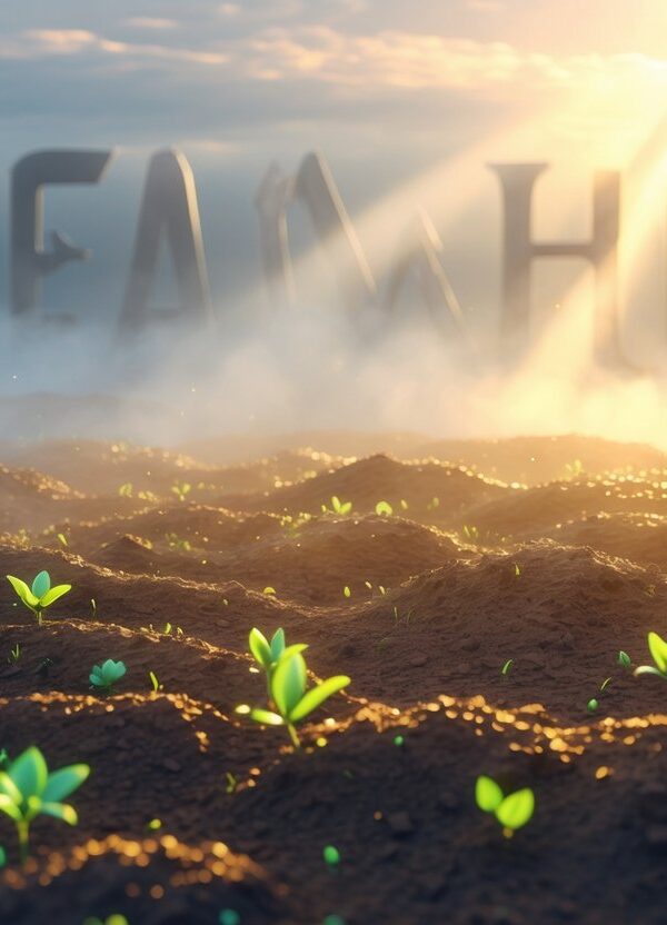 Cena de um solo fértil com pequenas plantas brotando sob uma luz dourada suave, com símbolos bíblicos ao fundo e um céu ao amanhecer.