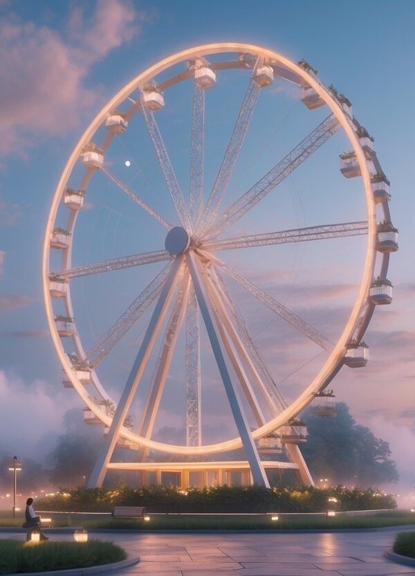Uma roda gigante iluminada ao entardecer em um parque tranquilo com pessoas ao redor.