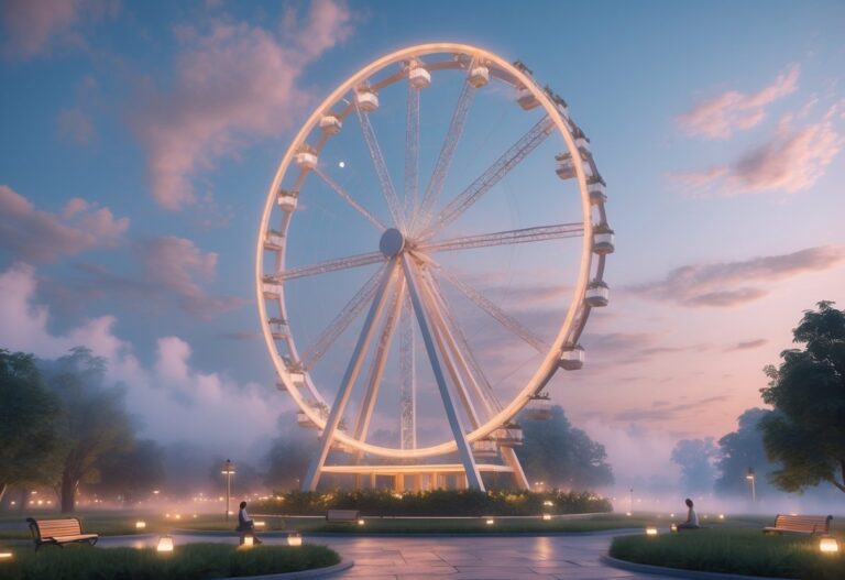 Uma roda gigante iluminada ao entardecer em um parque tranquilo com pessoas ao redor.