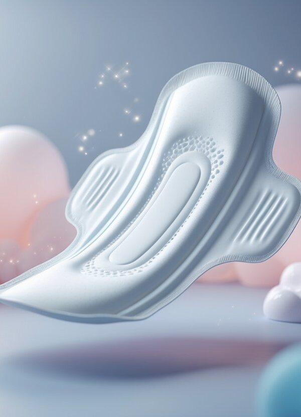 Um absorvente branco e limpo flutuando em um ambiente suave e sonhador com luzes delicadas e cores pastéis.