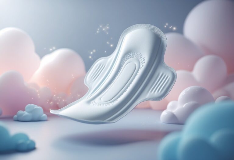 Um absorvente branco e limpo flutuando em um ambiente suave e sonhador com luzes delicadas e cores pastéis.