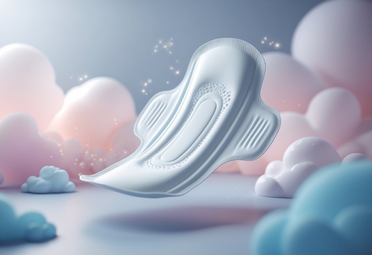 Um absorvente branco e limpo flutuando em um ambiente suave e sonhador com luzes delicadas e cores pastéis.