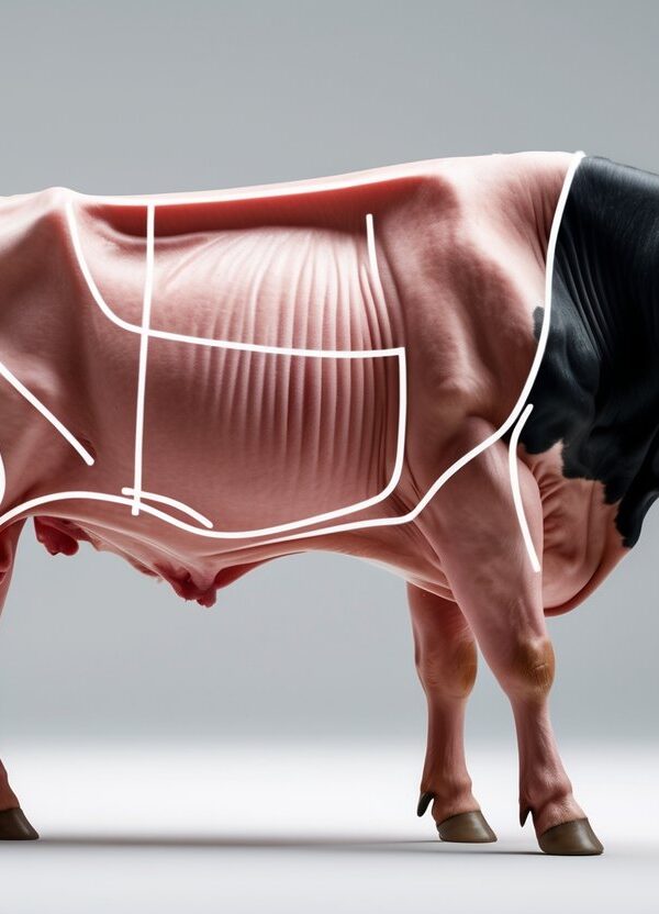 Um boi visto de lado com as áreas das picanhas destacadas na parte traseira do animal.