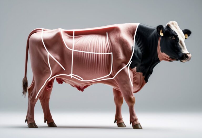 Um boi visto de lado com as áreas das picanhas destacadas na parte traseira do animal.