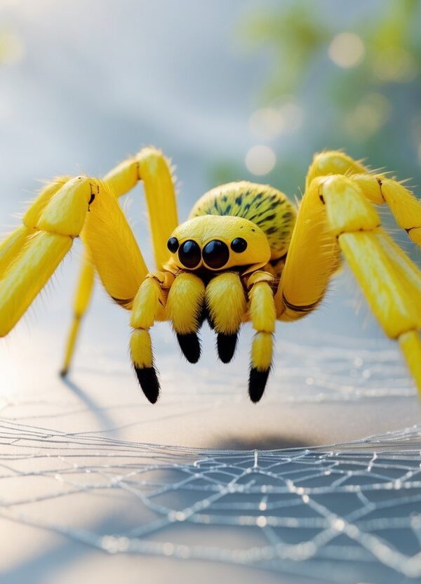 Uma aranha amarela grande em uma teia delicada, com fundo desfocado de natureza.