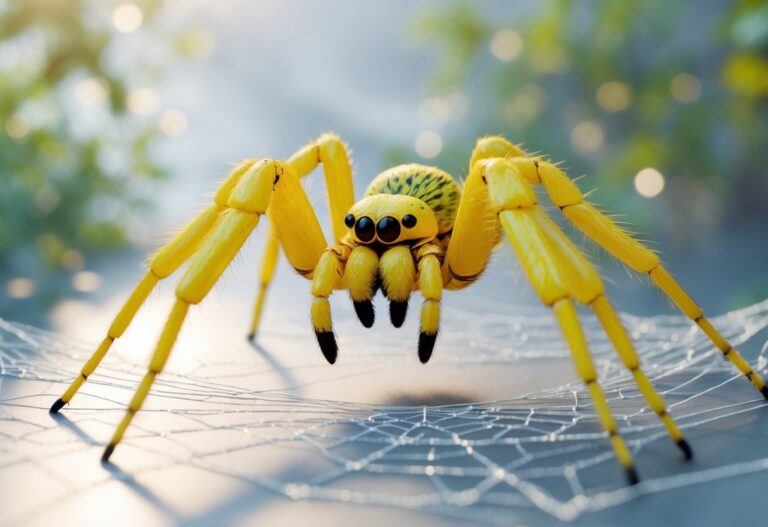 Uma aranha amarela grande em uma teia delicada, com fundo desfocado de natureza.