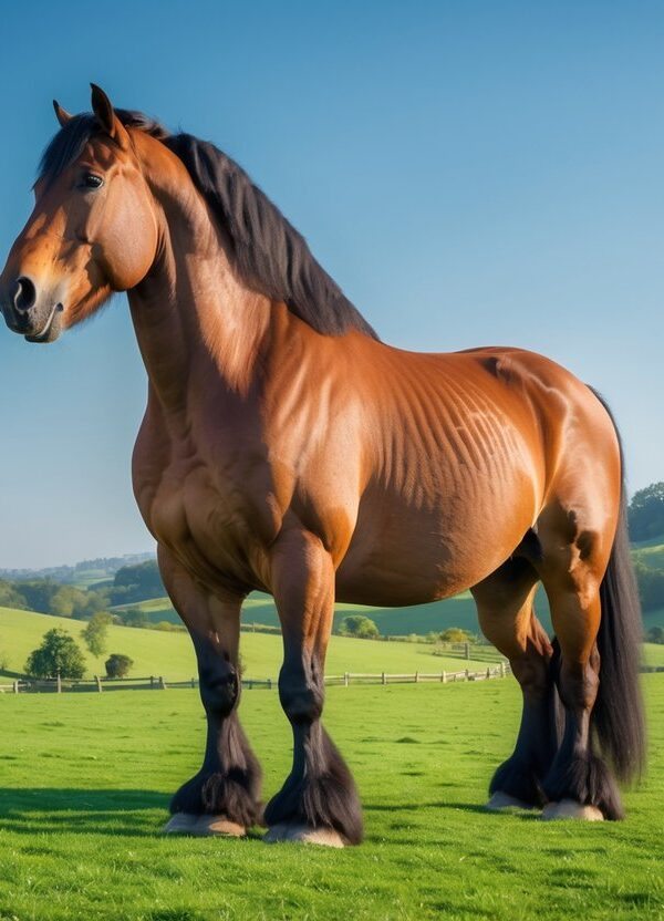 Um cavalo muito grande em um pasto verde com colinas ao fundo.