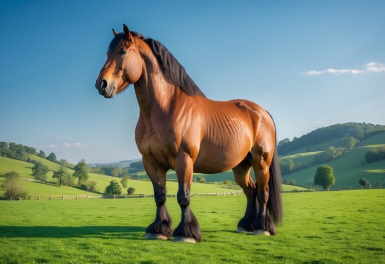 Um cavalo muito grande em um pasto verde com colinas ao fundo.