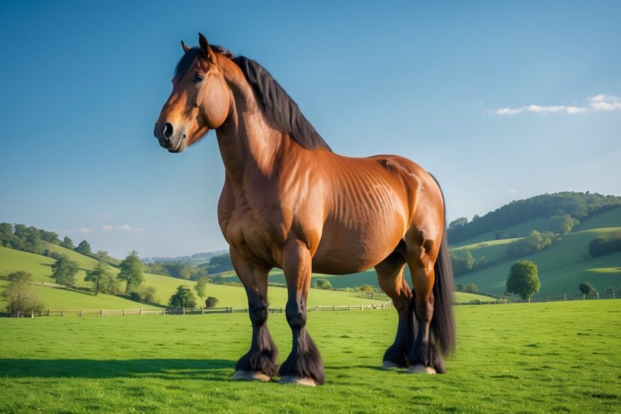 Um cavalo muito grande em um pasto verde com colinas ao fundo.
