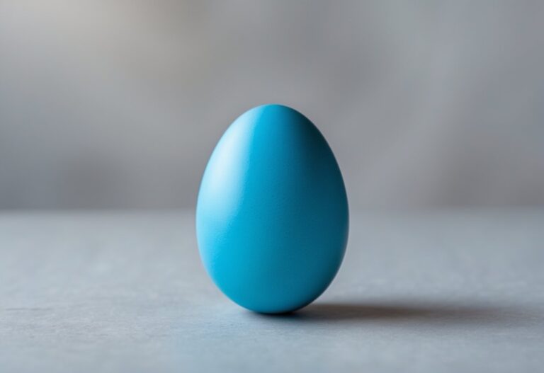 Um ovo azul colocado sobre uma superfície neutra, com fundo desfocado.