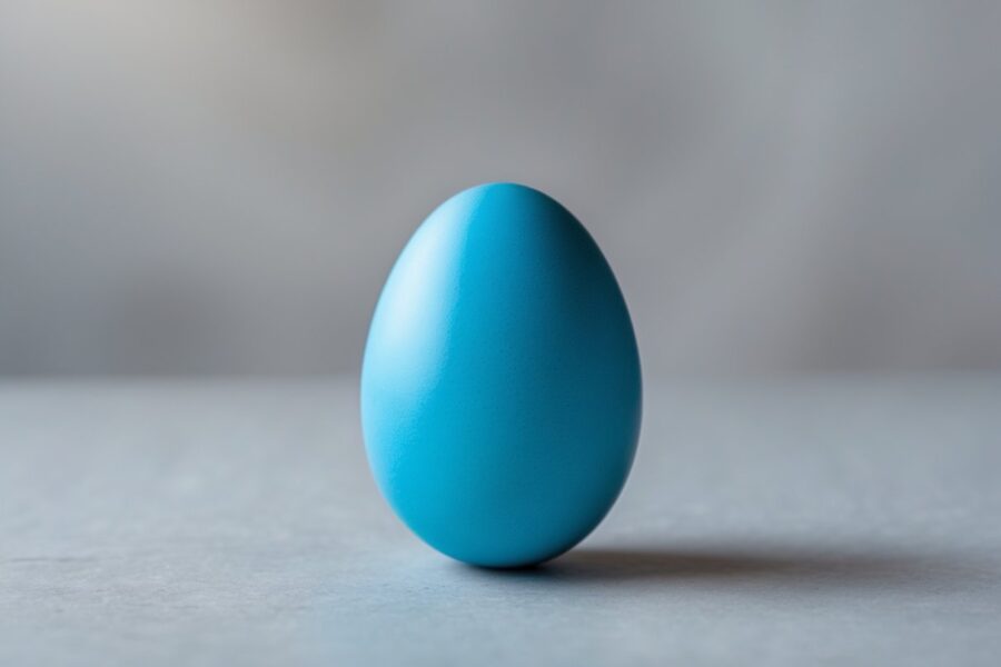 Um ovo azul colocado sobre uma superfície neutra, com fundo desfocado.