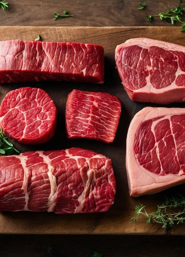 Vários cortes de carne bovina frescos organizados sobre uma tábua de madeira com ervas frescas ao redor.