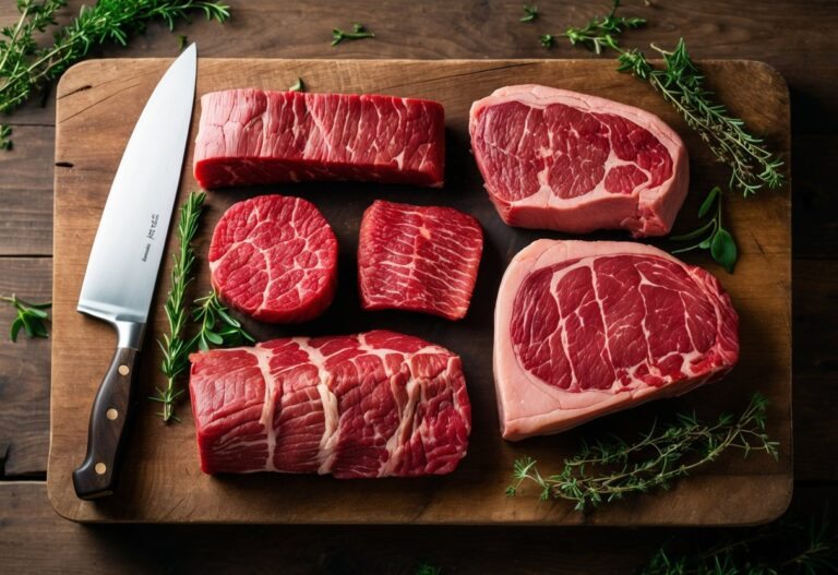Vários cortes de carne bovina frescos organizados sobre uma tábua de madeira com ervas frescas ao redor.