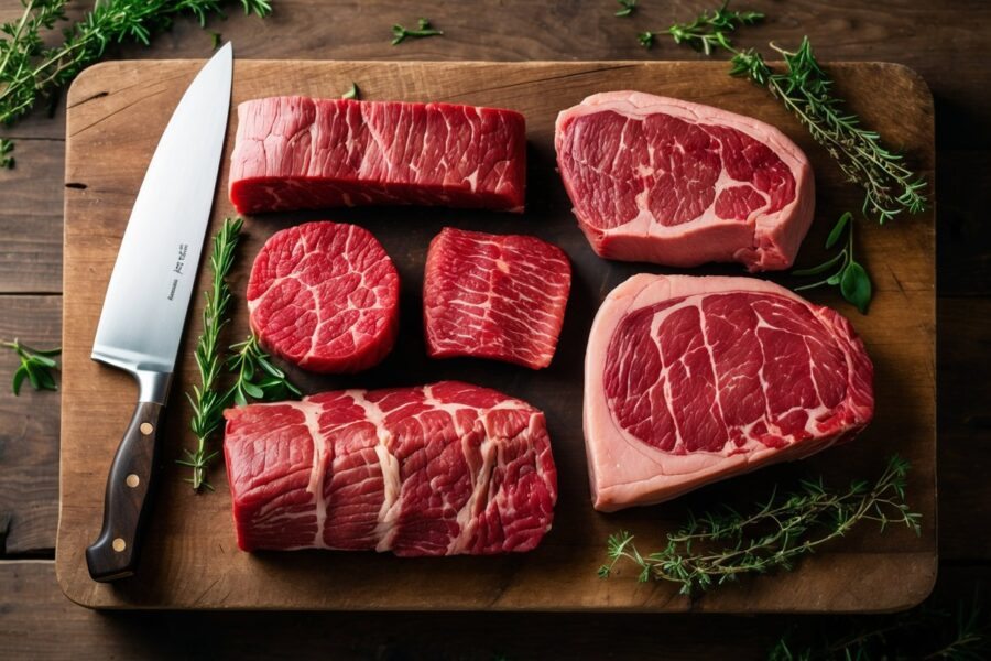 Vários cortes de carne bovina frescos organizados sobre uma tábua de madeira com ervas frescas ao redor.