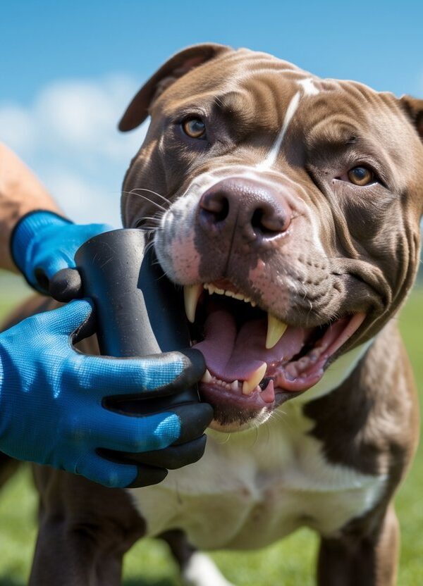 Um pitbull mordendo uma manga de treino resistente, segurada por um treinador com luvas protetoras em um campo ao ar livre.