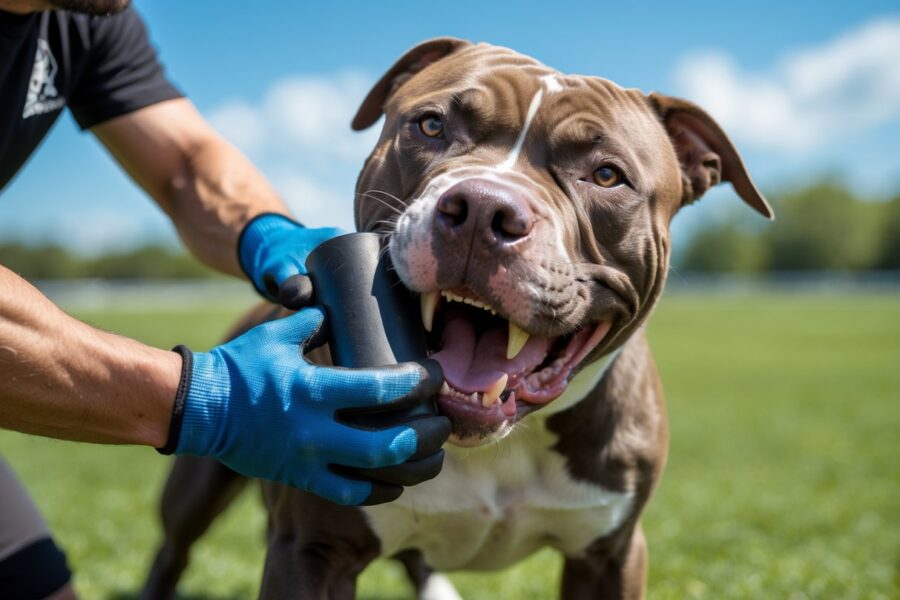 Um pitbull mordendo uma manga de treino resistente, segurada por um treinador com luvas protetoras em um campo ao ar livre.