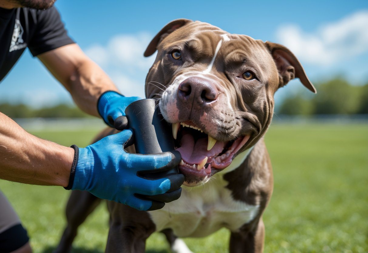 Um pitbull mordendo uma manga de treino resistente, segurada por um treinador com luvas protetoras em um campo ao ar livre.