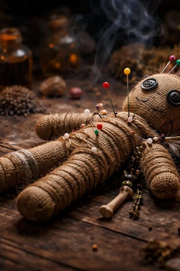 Boneco de vodu sobre uma mesa de madeira com velas acesas, ervas secas e cristais ao redor.