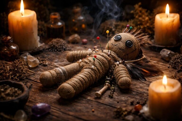 Boneco de vodu sobre uma mesa de madeira com velas acesas, ervas secas e cristais ao redor.