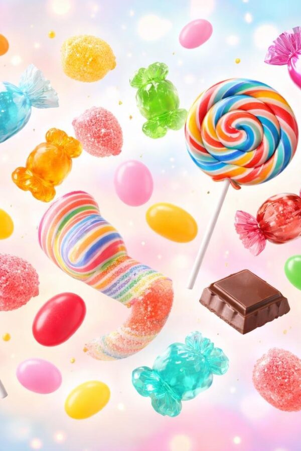 Doces coloridos flutuando em um fundo suave, criando uma cena de sonho com balas e guloseimas variadas.