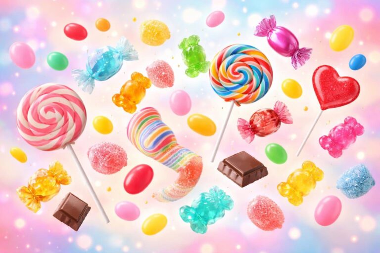 Doces coloridos flutuando em um fundo suave, criando uma cena de sonho com balas e guloseimas variadas.