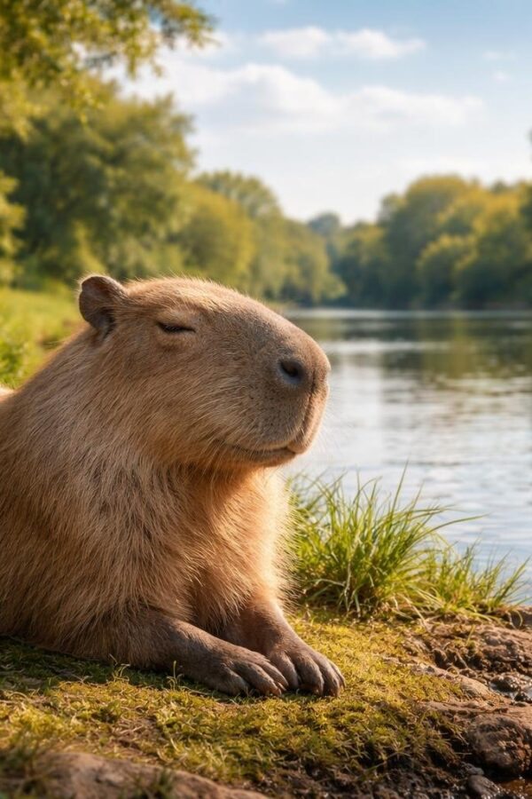 Uma capivara descansando tranquila perto da margem de um rio calmo, cercada por vegetação verde e céu azul.