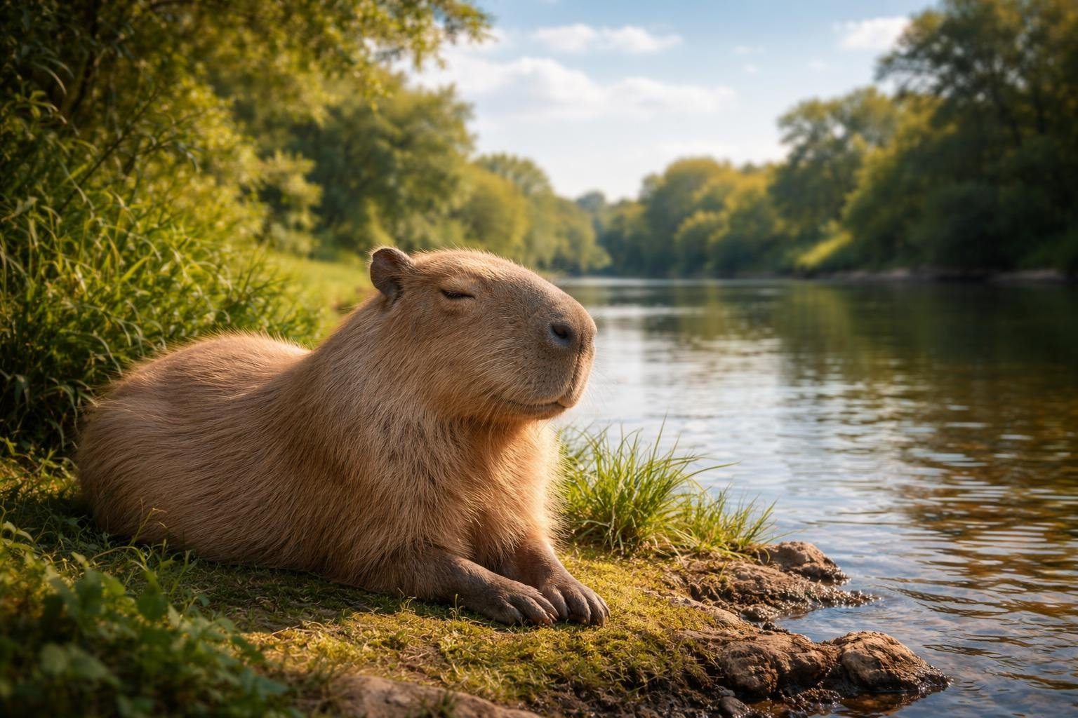 Uma capivara descansando tranquila perto da margem de um rio calmo, cercada por vegetação verde e céu azul.