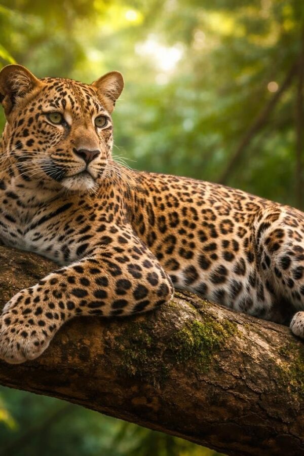 Um leopardo descansando em um galho de árvore em uma floresta densa e verde.