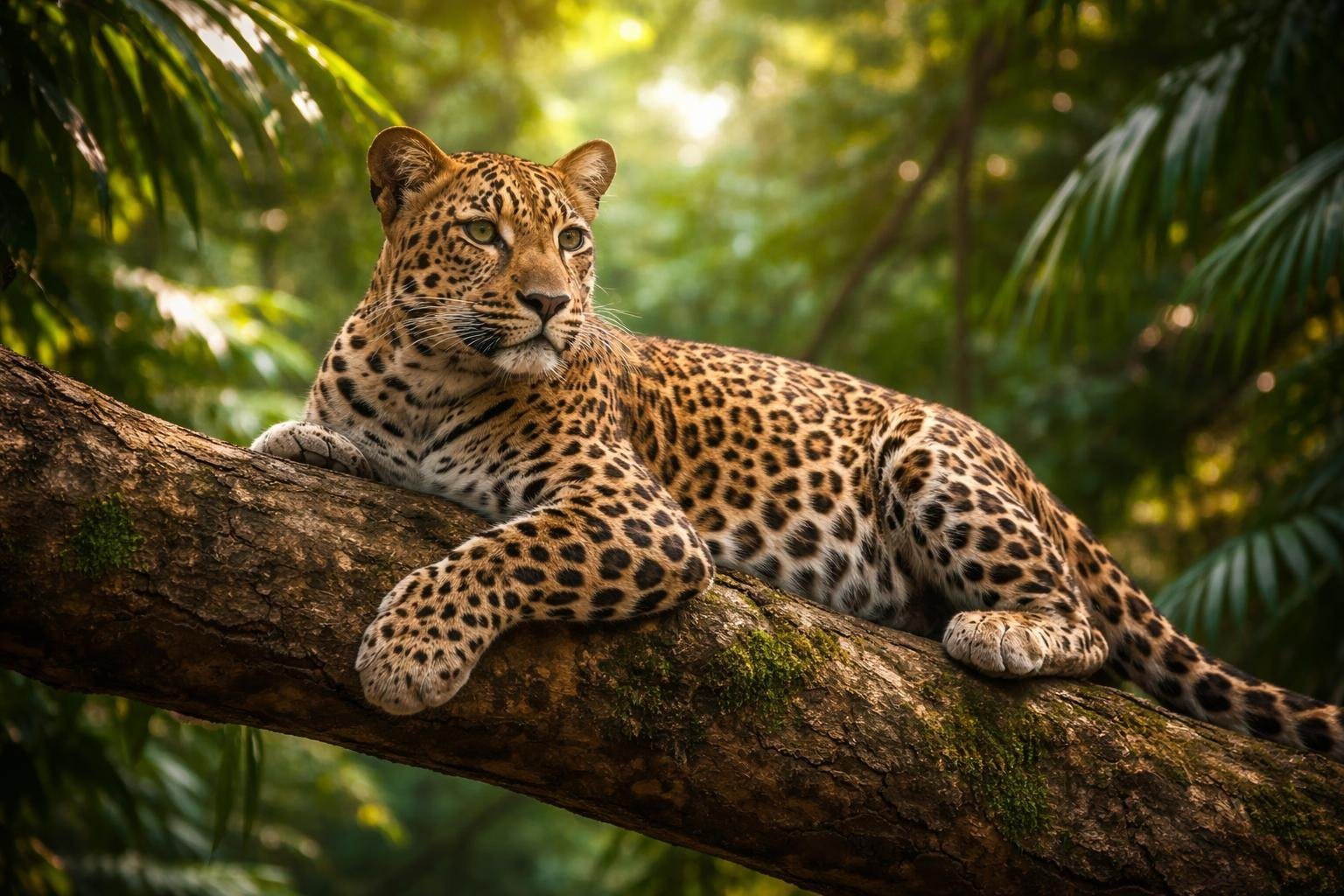 Um leopardo descansando em um galho de árvore em uma floresta densa e verde.