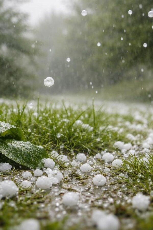 Granizo caindo sobre grama verde e folhas durante uma tempestade, com pedras de gelo visíveis no ar e no chão.