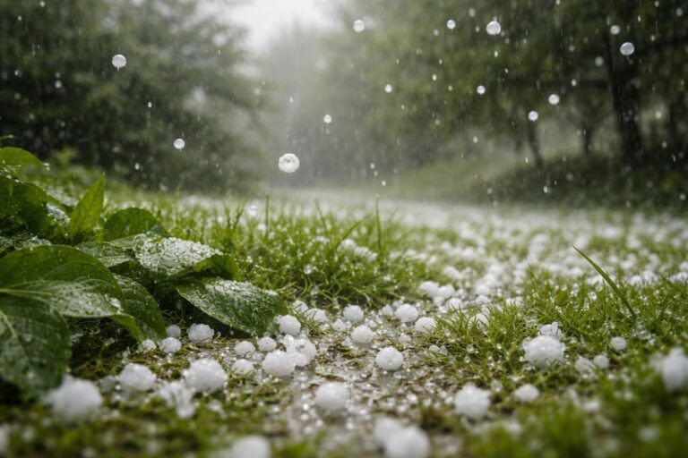 Granizo caindo sobre grama verde e folhas durante uma tempestade, com pedras de gelo visíveis no ar e no chão.