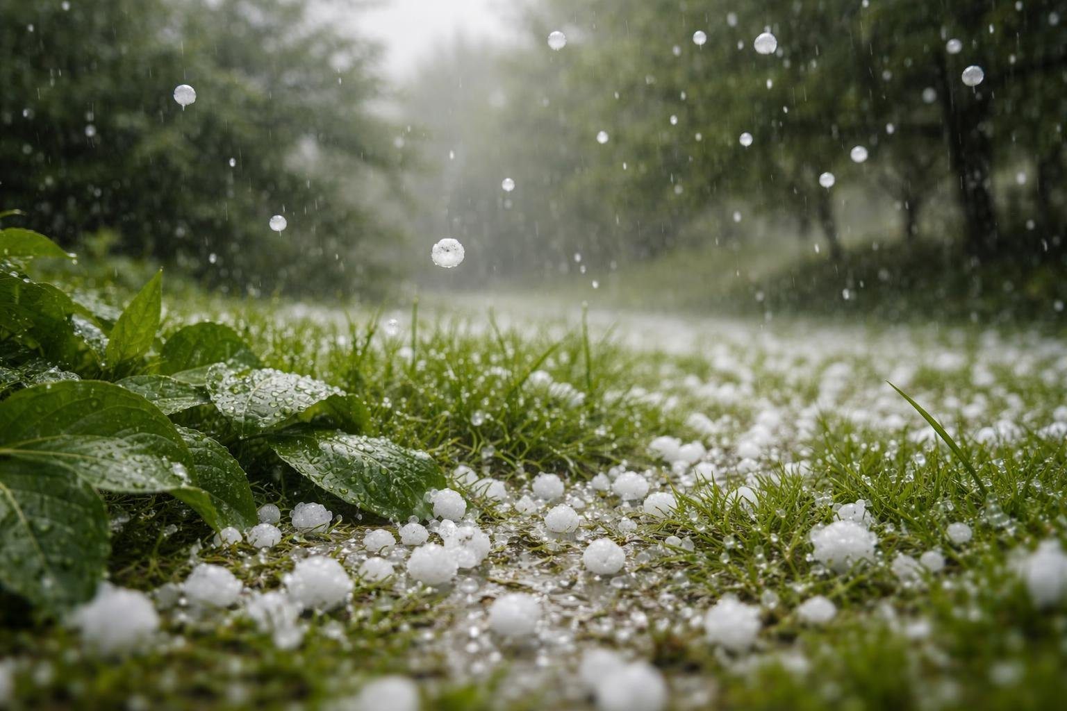 Granizo caindo sobre grama verde e folhas durante uma tempestade, com pedras de gelo visíveis no ar e no chão.