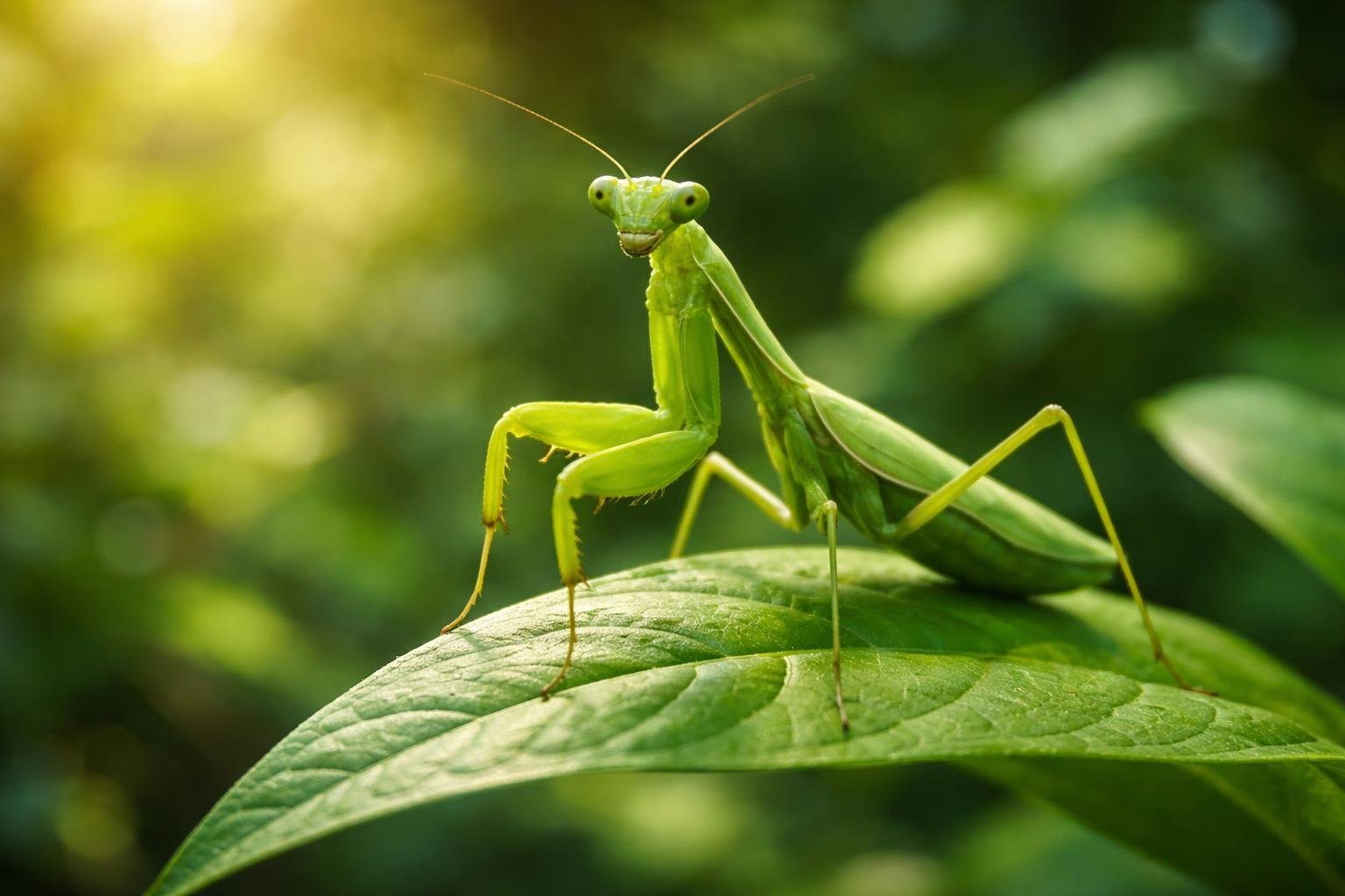 Louva-a-deus verde posado em uma folha verde em um ambiente natural com fundo desfocado.